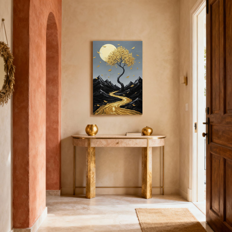 Ensemble de 1 tableau sur toile tendue représentant un paysage d'arbre doré et de lune, H 40 po x l 28 po