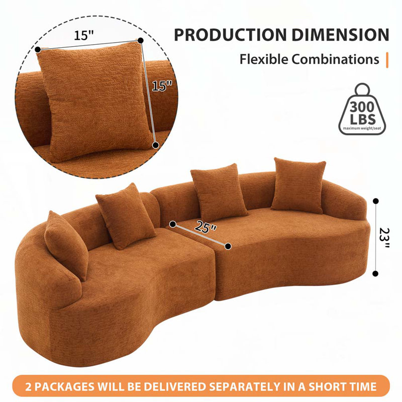 Chenille Fabric Modular Boneless Curved Sofa,Full Compression Sponge Sofa,No-Assembly Require, Orange