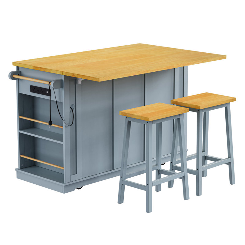 K&K 53Inch Large Kitchen Island With 2 Bar Stools, Power Outlet,Door Internal Storage Rack,Kitchen Storage Cart On 5 Wheels With Drop Leaf,5 Open Side Racks,3 Drawers For Kitchen,Dining Room,Grey Blue