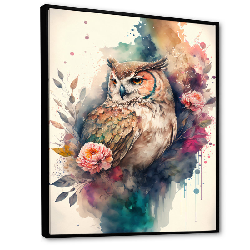 «Cute Owls Floral II», impression sur toile, H 32 po x l 24 po x P 1 po, Cadre flottant noir