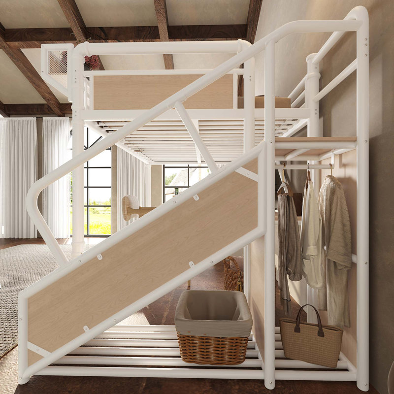 Lit mezzanine industriel avec bureau intégré et escalier de rangement, White