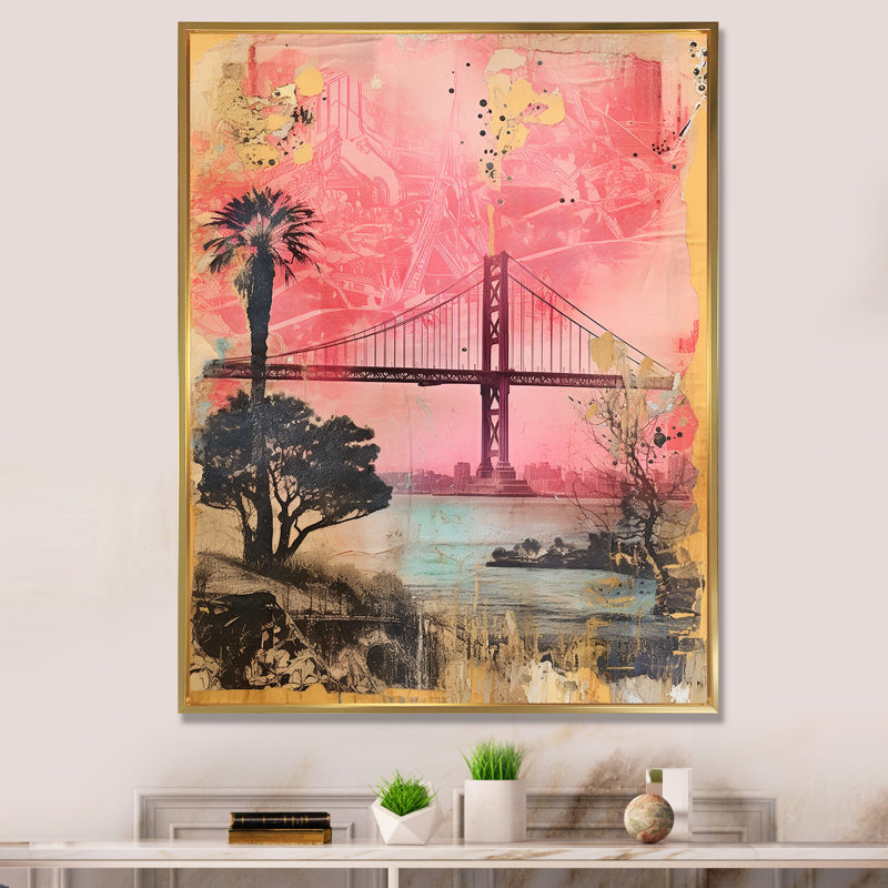 San Francisco Dreams, collage rétro rose I, H 40 po x l 30 po, Cadre flottant doré