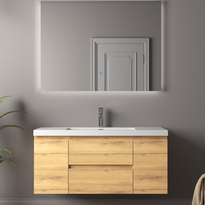 Meuble-lavabo mural simple 48 po avec plateau en pierre blanc brillant et 2 tiroirs A.Oak Modern