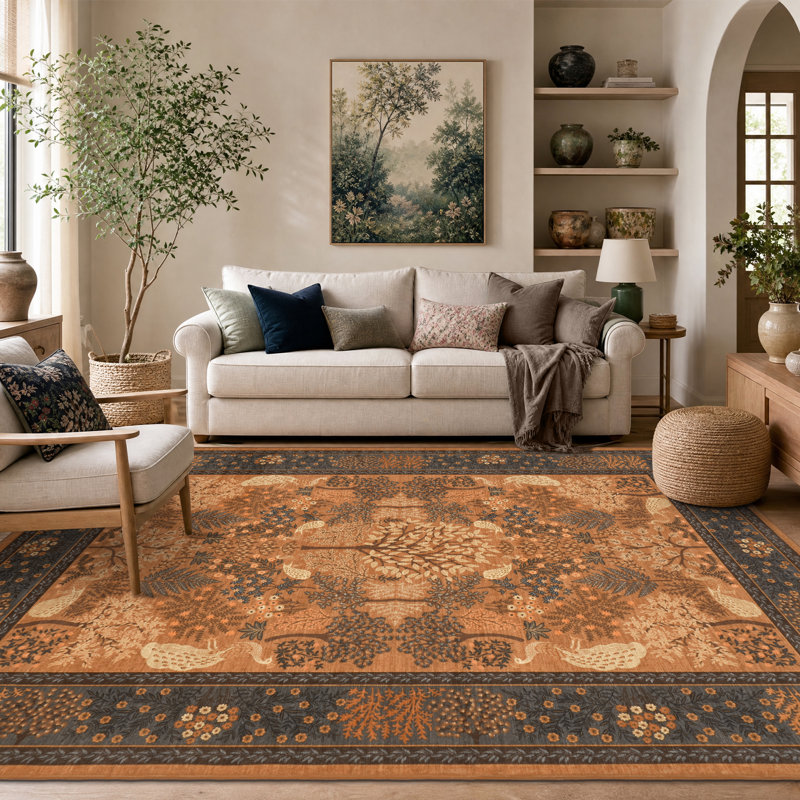 Tapis lavable Peacock Botanical, Orange, Rectangle 9' x 12'