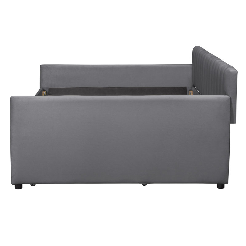 Full Size Upholstered daybed with Trundle and Wood Slat Support, Gray