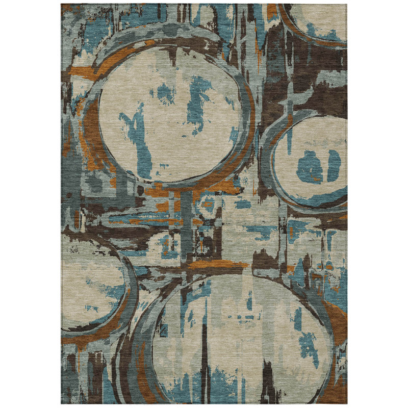 3' X 5' Beige Brown And Copper Geometric Washable Indoor Outdoor Area Rug