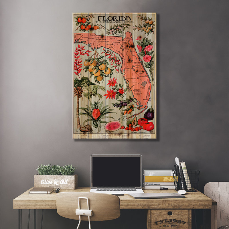Carte de l'État de la Floride (ressources naturelles) - affiche rétro - impression d'art graphique