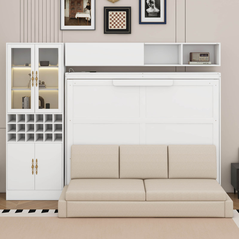 Full Size Murphy Bed With Sofa，USB & Light, Full, White