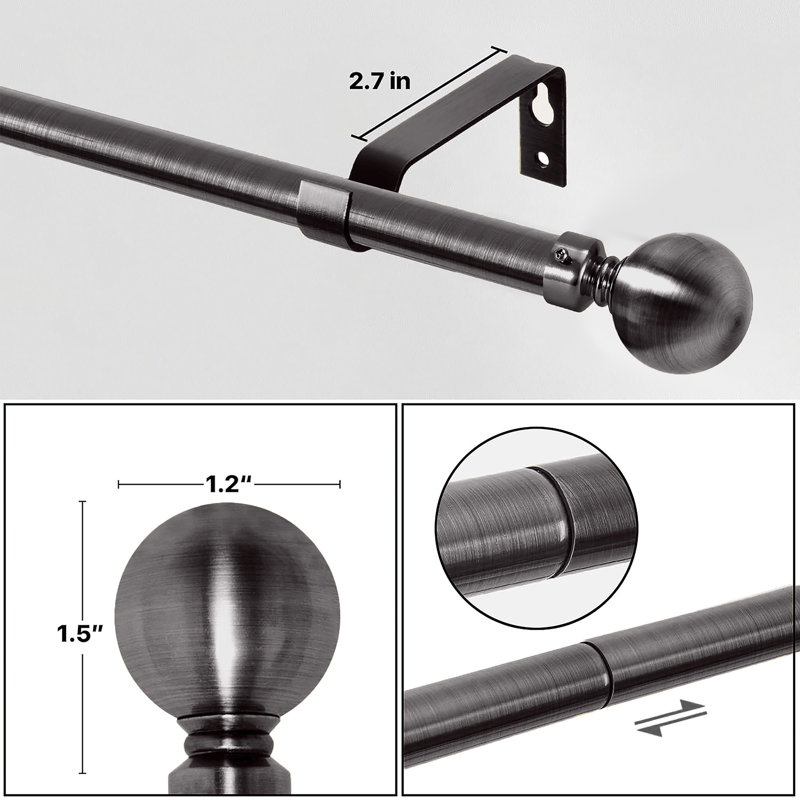 Adjustable Plain Metal Ball Curtain Rod, 70-120Cm, Black Nickel