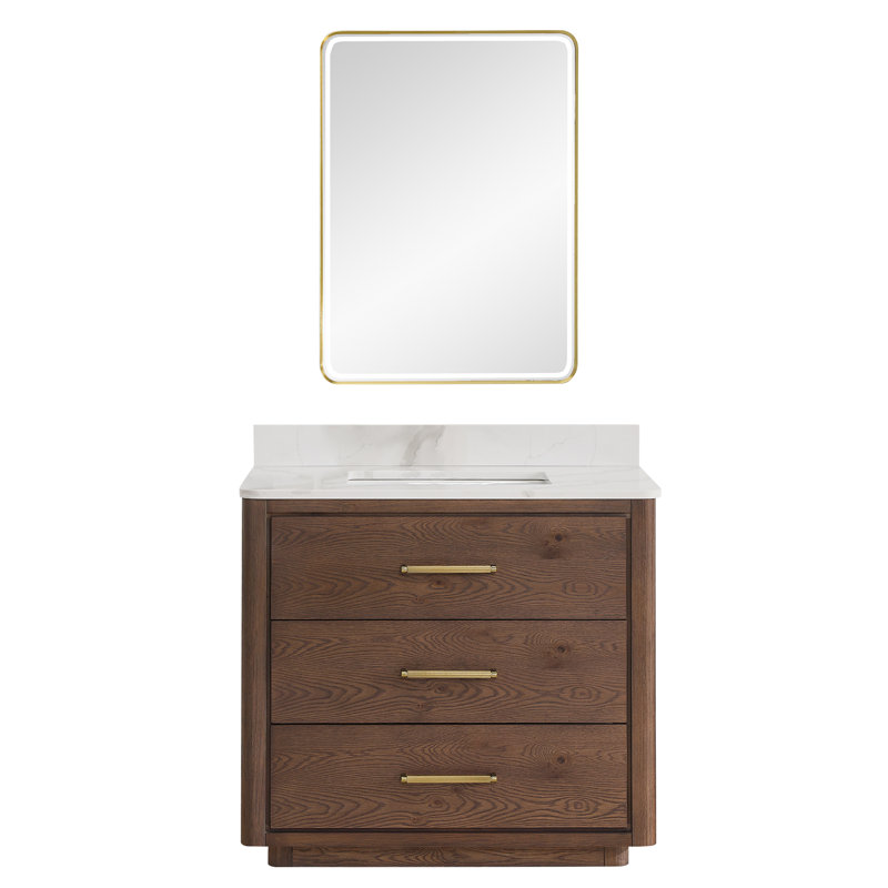 Porto 36'' Free Standing Single Bathroom Vanity with Quartz Top, Dark Brown, Gold
