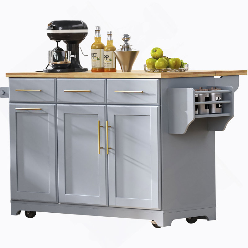 Rolling Kitchen Island With Drop Leaf Countertop, Pull-Out Trash Cabinet, Dual Organizers, Built-In Power Outlets, And Integrated Spice Towel Racks.