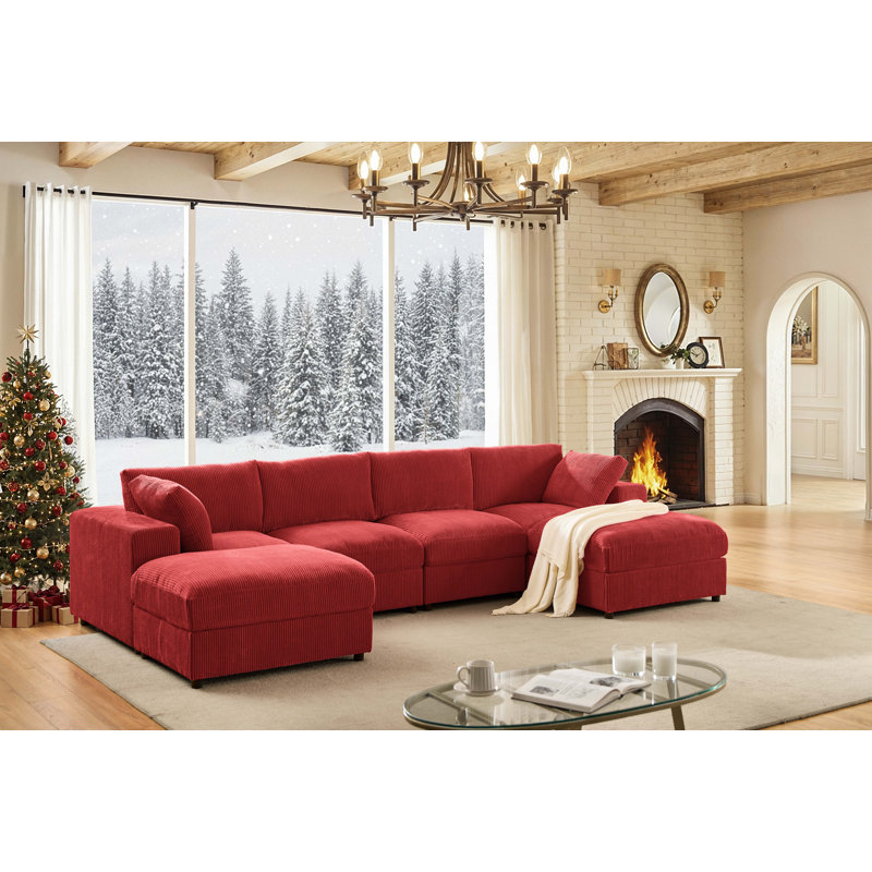 Canapé et chaise modulaire réversible de 138 po de largeur Aprea, Velours côtelé rouge
