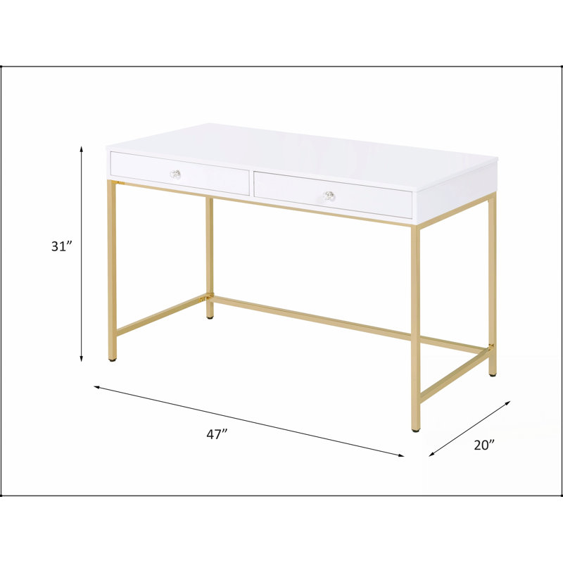 Bureau d'écriture rectangulaire Ottey avec plateau blanc brillant et pieds en métal doré