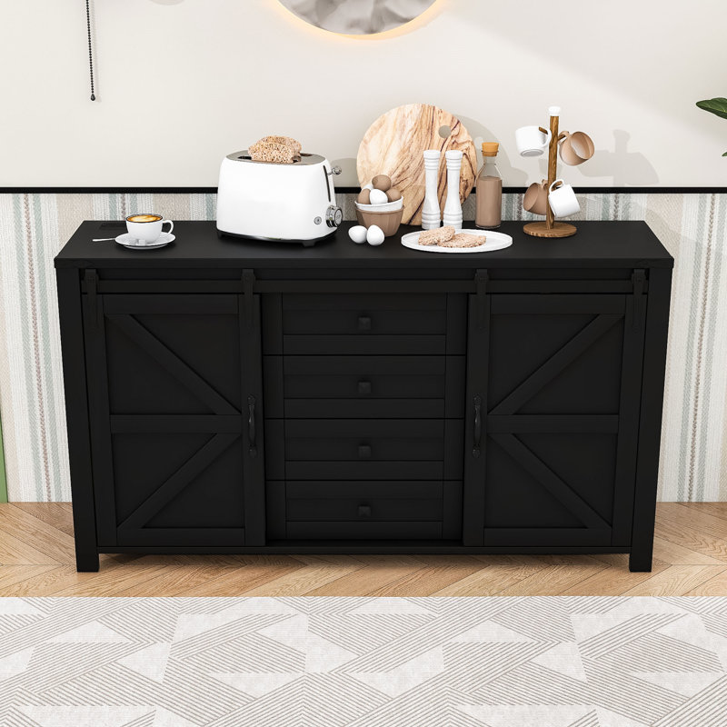 Rustic Storage Sideboard with 4 Drawers, Sliding Barn Doors and Built-In Power Outlet, Navy