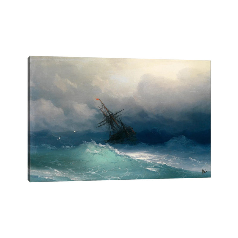 Bateau sur une mer orageuse - peinture sur toile tendue, H 26 po x l 40 po x 1,5 po