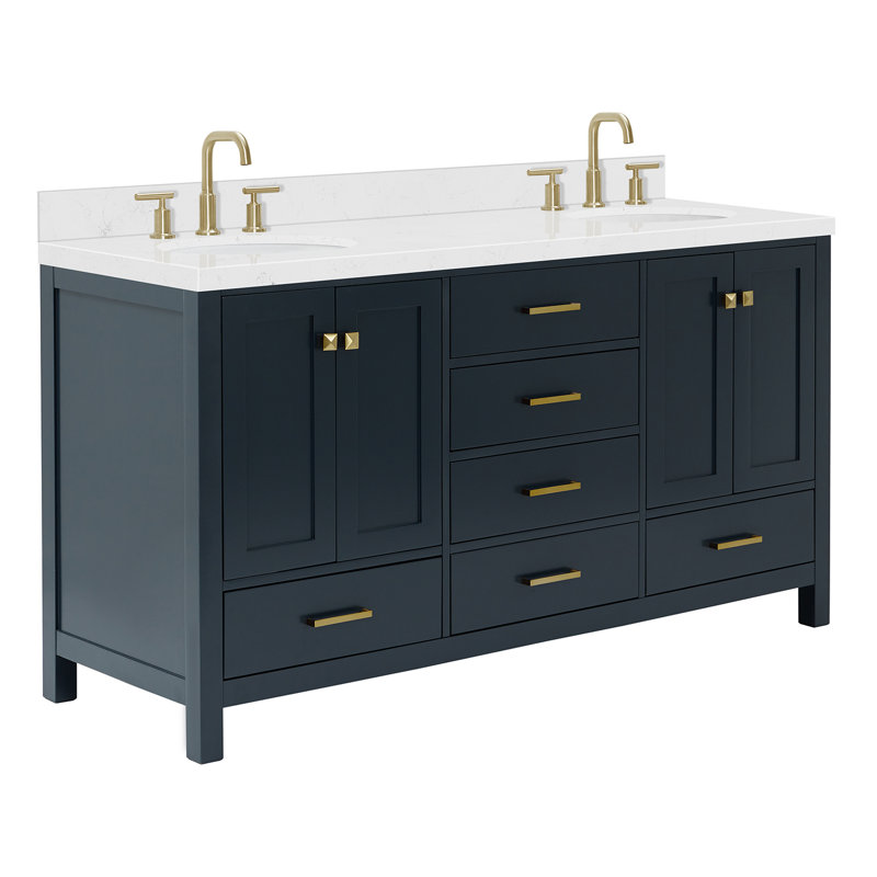 Cambridge 66.25'' Double Bathroom Vanity with Carrara Quartz Top, Midnight Blue / Satin Brass