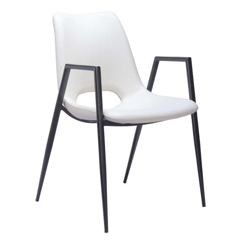 White Faux Leather Upholstered Arm Chair with Black Metal Legs