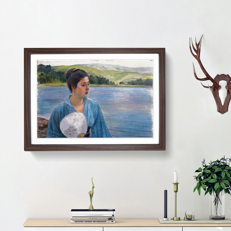 Lady with a Fan by Kuroda Seiki - Picture Frame Painting Print on MDF, Walnut Framed, 48cm H x 65cm W x 2cm D