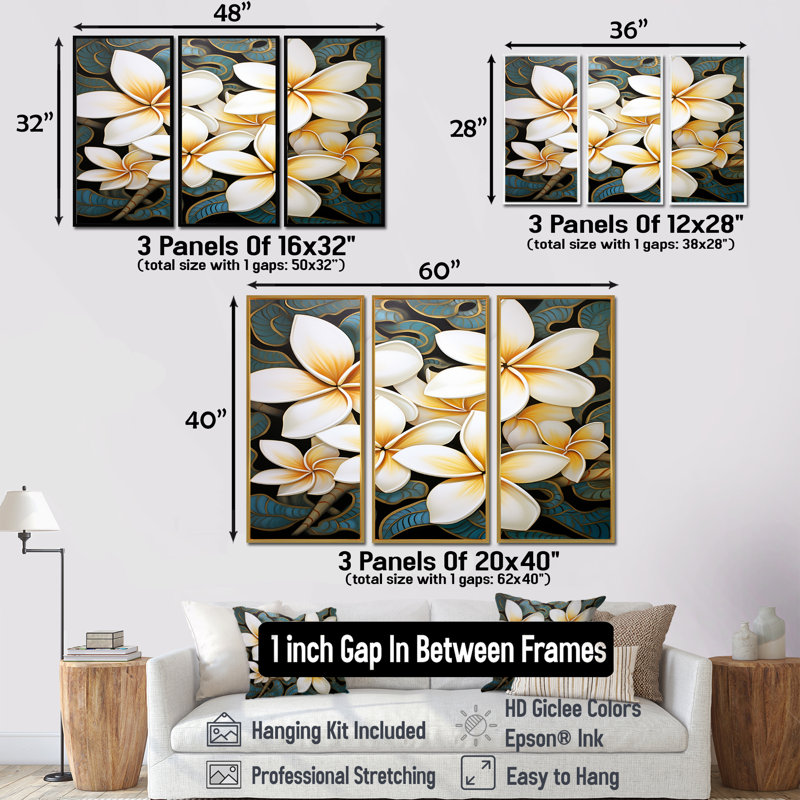 «White Plumeria Flower Retro Teal II» - ensemble d'art mural Plumeria, Brun, H 28 po x l 36 po
