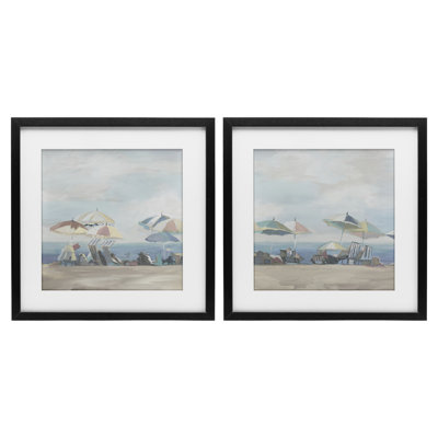 Pale Beach Day Umbrellas 2pc Framed Print Under Glass Set, design by Liz Jardine