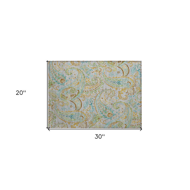 2' X 3' Gray and Gold Paisley Washable Non Skid Indoor Outdoor Area Rug