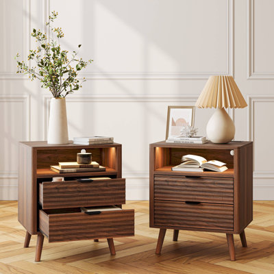  19.7" Nightstand With 2 Drawers & Open Shelf, Bedside Table With LED Lights & Outlets, End Table For Bedroom Or Living Room