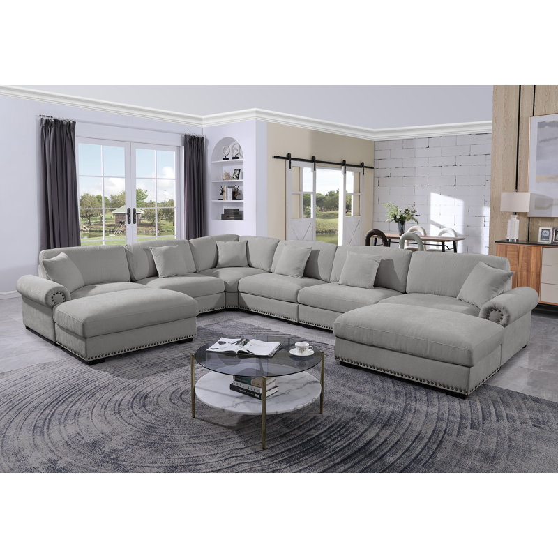 Oversized Corner Sectional Sofa With Reversible Chaises 8 Seat Chenille Cloud Sectional Couches, Light Gray Chenille