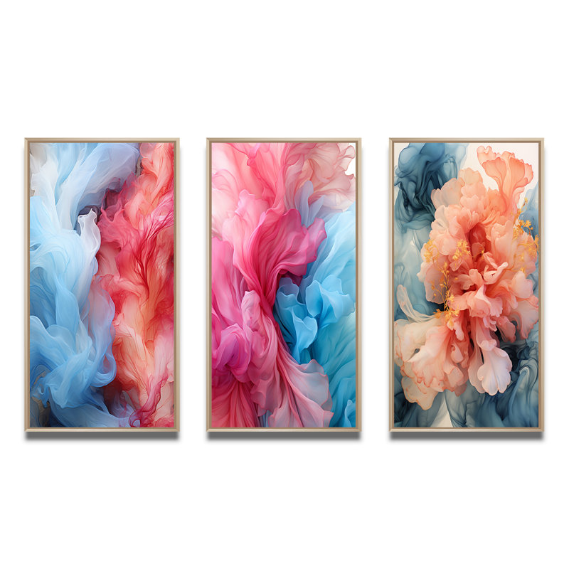 Liquid Purity Ink Wave Abstract In Red & Blue - Abstract Liquid Ink Art Set Of 3 Pieces, Cadre naturel flottant