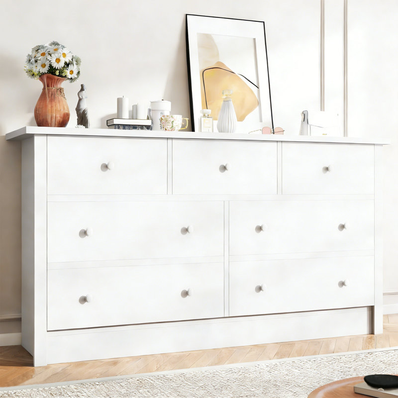 57-inch Wide, 7-drawer Dresser — Farmhouse-style Bedroom Chest, Modern Clothing Storage Cabinet For Living Room And Entryway, White