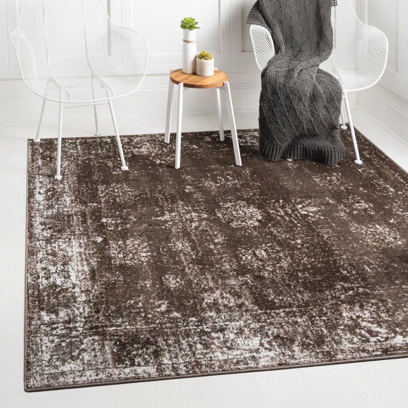 Tapis brun à motif floral Brandt, Carré 6 pi 1 po, Non