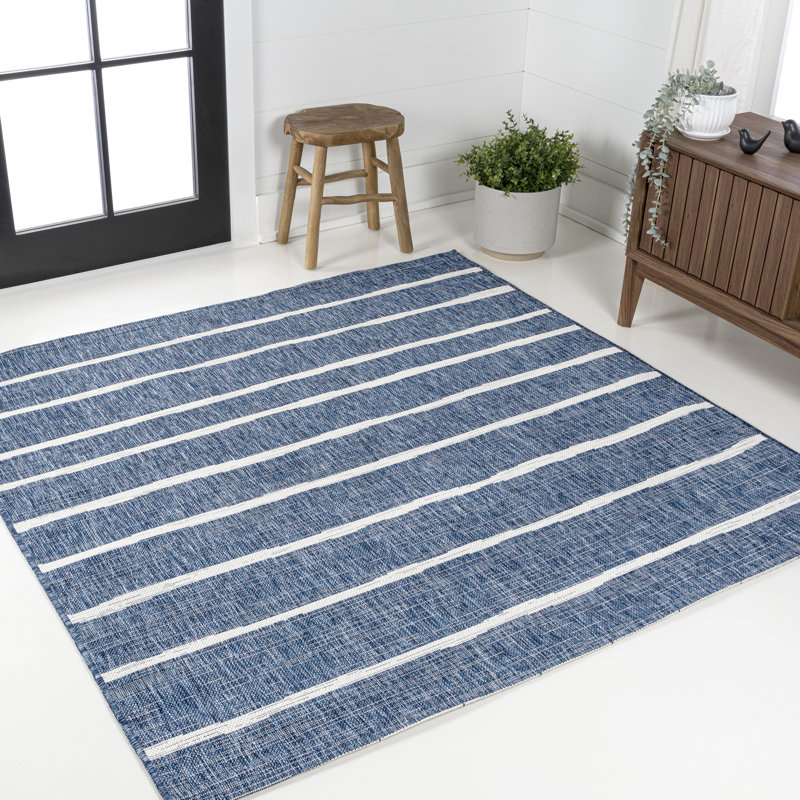 London Berber Stripe Blue/Ivory Indoor/Outdoor Rug, Square 6'7"