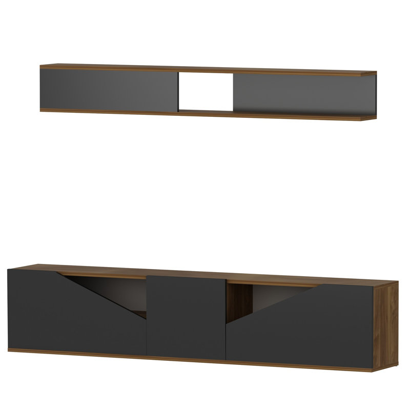 Modern TV Unit with Wall Shelf, Walnut & Black, 70.9 x 15.7 x 12.2 inches | 100% Melamine Coated Particle Board, Thickness: 0.7 inches | Numerous Shelves, Wall-Mountable Design, Stylish & Functional for Living Room or Family Room