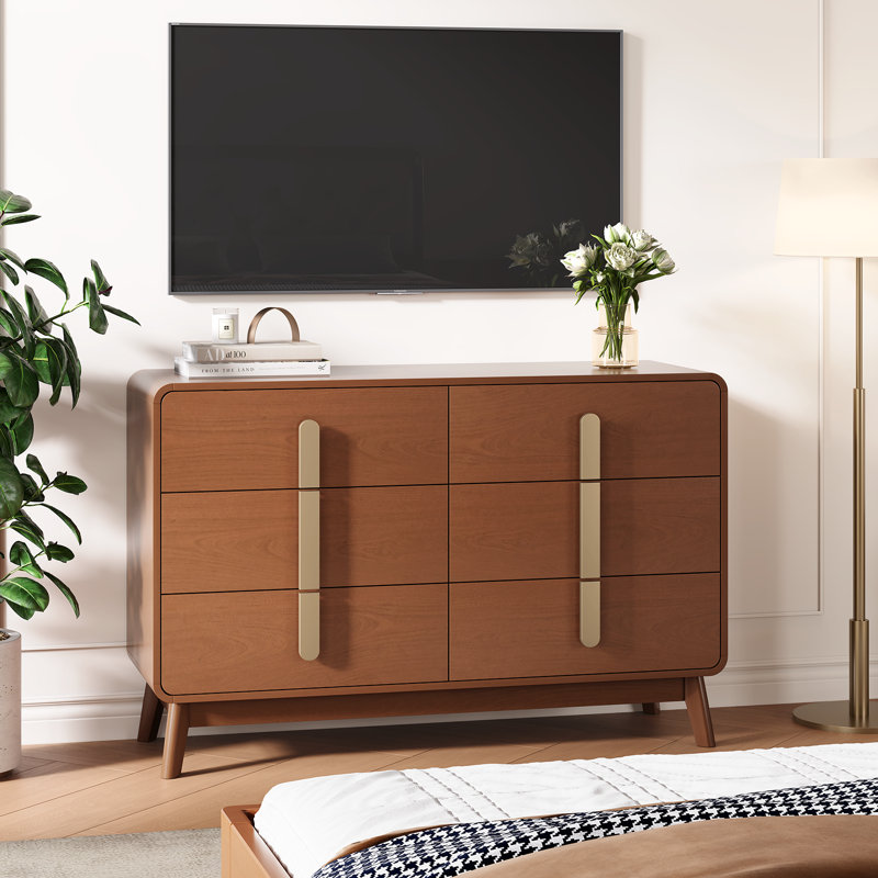 Commode Mid-Century moderne, commode 6 tiroirs avec rangement, commode, Brun