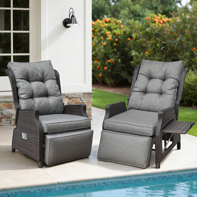 2 Pcs Outdoor Wicker Recliner With Adjustable Back And Footrest