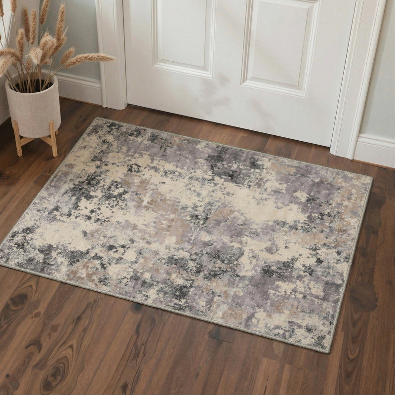 Tapis mauve / gris à motif abstrait lavable à la machine avec envers antidérapant Mignone, Rectangle 5 pi x 7 pi