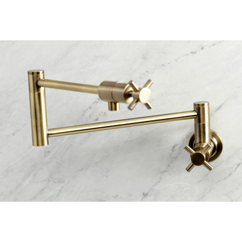 Kingston Brass Manhattan Two-Handle 1-Hole Wall Mount Pot Filler Faucet, Antique Brass, Knob/Cylindrical Cross Handle