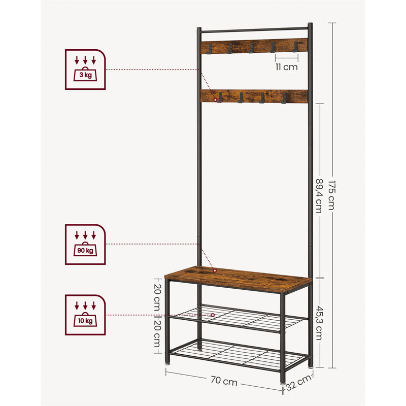 Aaditiya Hall Tree 70cm Wide with Bench and Shoe Storage, Brown/Black