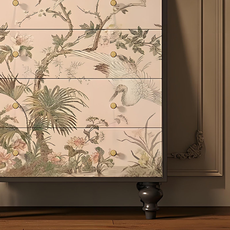 Commode à tiroirs en bois massif French Floral Bird, Noir