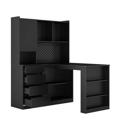 Bureau d'ordinateur en L avec station de charge intégrée, tiroirs et bibliothèque, noir