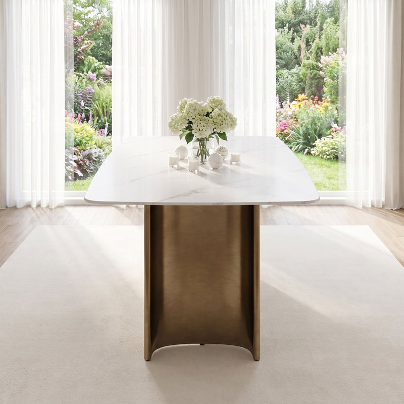 78" Rectangular Sintered Stone Dining Table, White Top with Brushed Antique Base