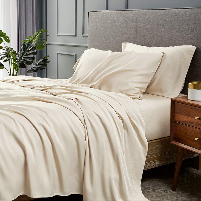 Ensemble de draps 4 pièces en rayonne de bambou, Ensemble de draps pour lit simple avec deux taies , Crème