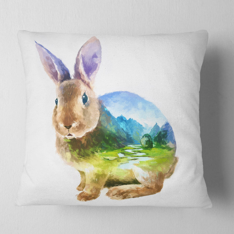 Coussin d’illustration à double exposition animal lapin, 18 po x 18 po, Coussin décoratif