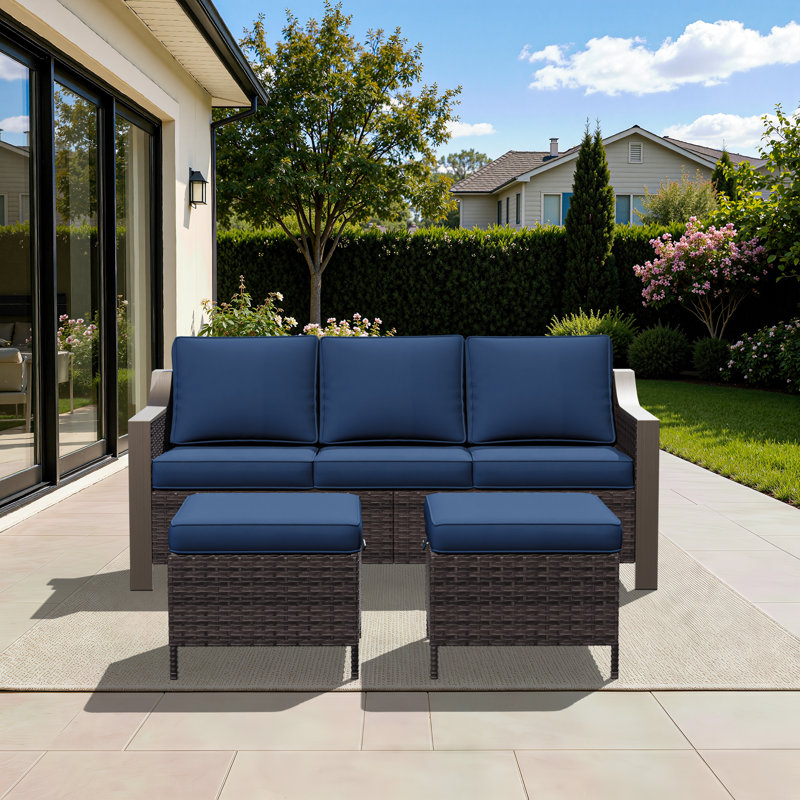 3-Piece Patio PE Wicker Conversation Set with 3-Seat Sofa, Ottomans & Blue Cushions, Blue