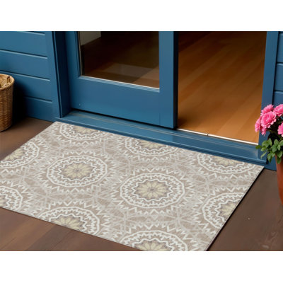Tapis extérieur lavable à motif de médaillon taupe et ivoire 3 pi x 5 pi kaki et ivoire
