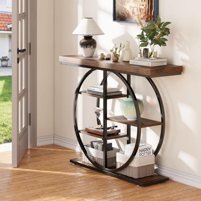 Console de 41,3 po pour le hall d'entrée, table de canapé de couloir industrielle avec tablettes de rangement, mobilier de salon à décor étroit avec base circulaire pour vestibule, entrée, brun rustique