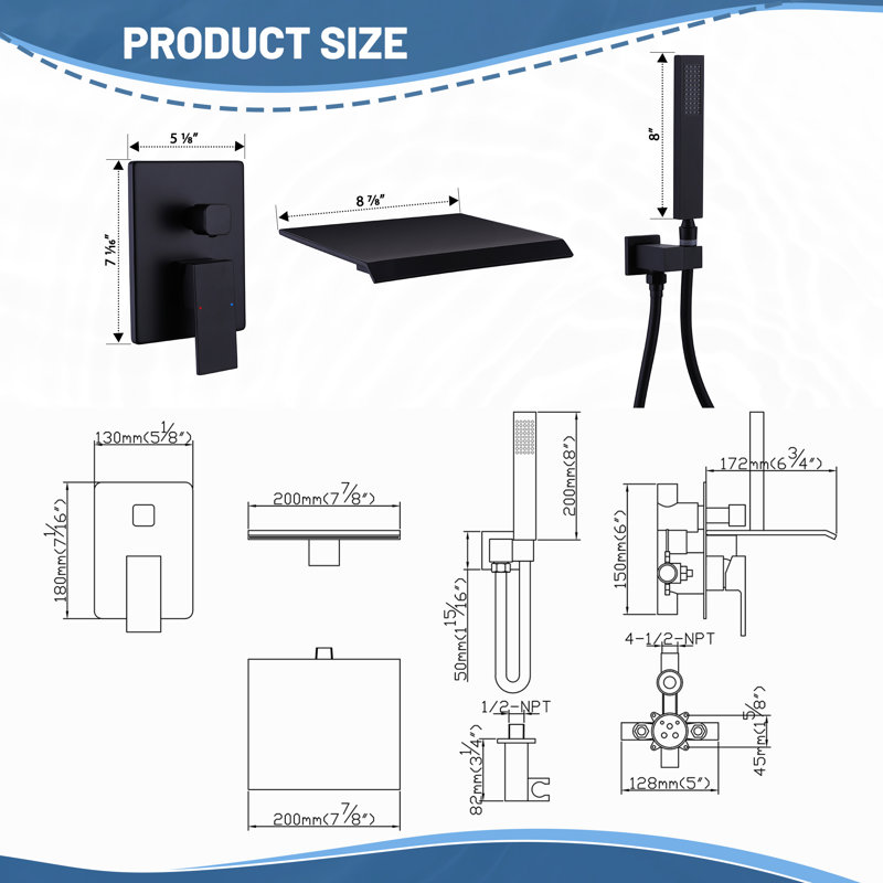 Wall Mounted Waterfall Bathtub Faucets with Anti-Scald Pressure Balance Valve, Modern Tub Spout with Handshower, Matte Black