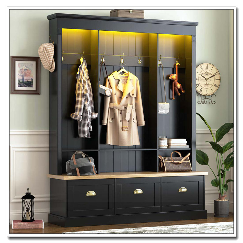 Elegant APP Controlled LED Light Hall Tree with 9 Hooks, Roman Column Design Natural Storage Bench with 3 Large Cabinets