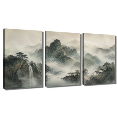 3 panneaux muraux, encre de Chine, cascade de montagne, impression sur toile