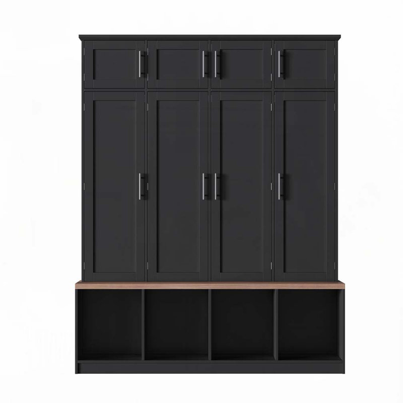 Farmhouse Hall Tree with 4 Hidden Hanging Hooks,Seating Bench with 8 Doors, Black