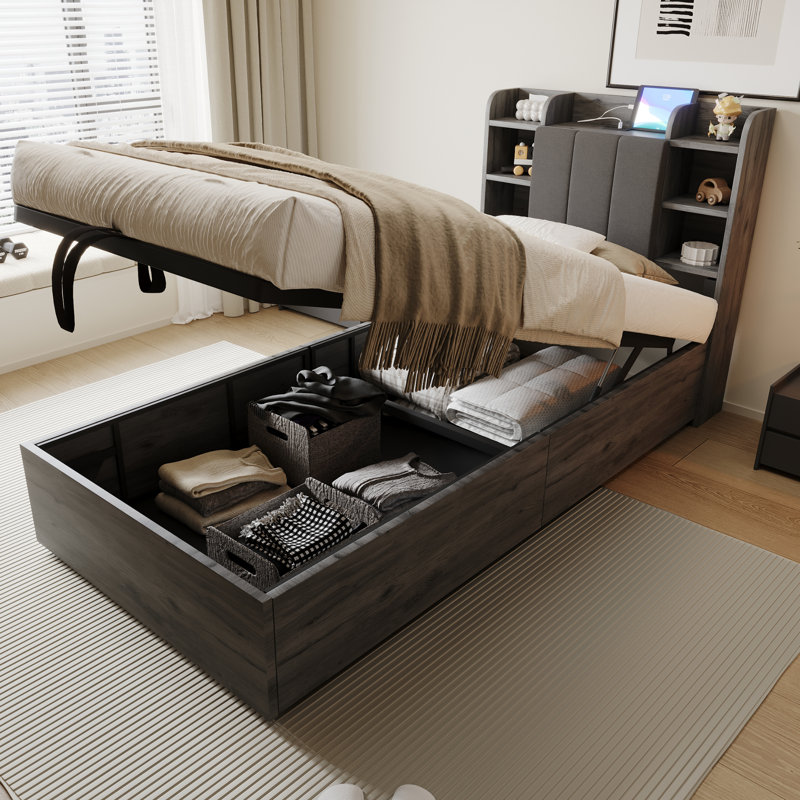 Hydraulic Storage Bed, European Single (90 x 200 cm), Grey